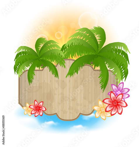 Wooden signboard with palms and flowers on the seashore