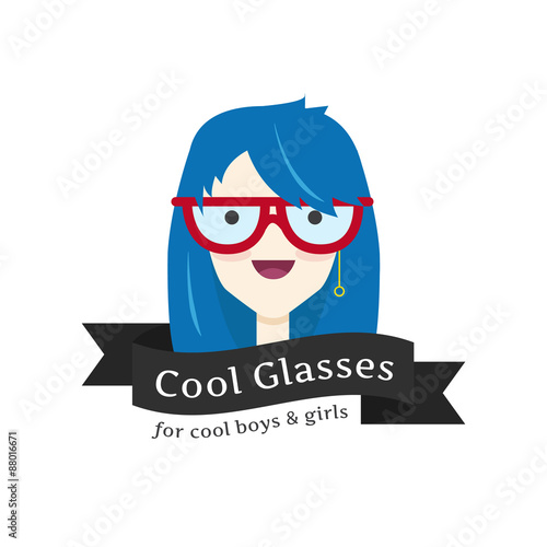 Vector funny girl in glasses logo. Glasses store logotype.