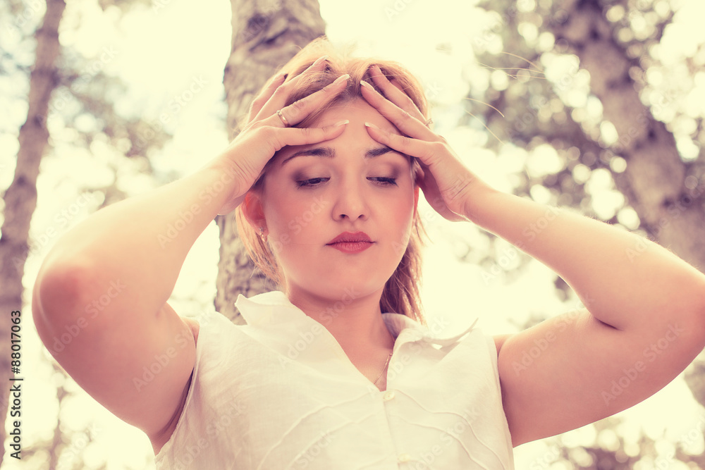 portrait stressed sad young woman standing outdoors on summer da portrait stressed sad young woman standing outdoors on summer da
