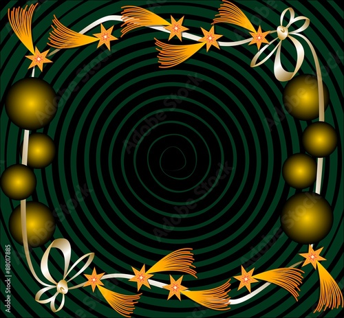 Dark Christmas background with bright comets and balls in a ribbon frame, place for own text - greeting, invitation. EPS 10 vector