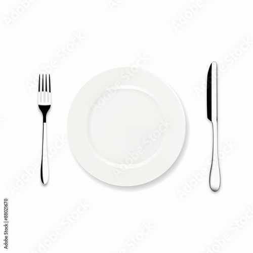 Vector Dinner plate with knife and fork, isolated on white