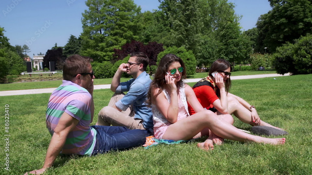 Friends chatting on cellphones in the park, steadycam shot
Friends chatting on cellphones in the park, steadycam shot