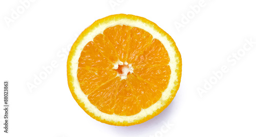 Slice of orange fruit on white background.