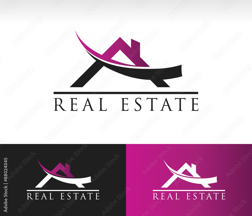 Real estate logo icon with roof and swoosh graphic element