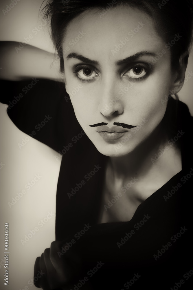 beautiful young woman with painted mustache beautiful young woman with painted mustache