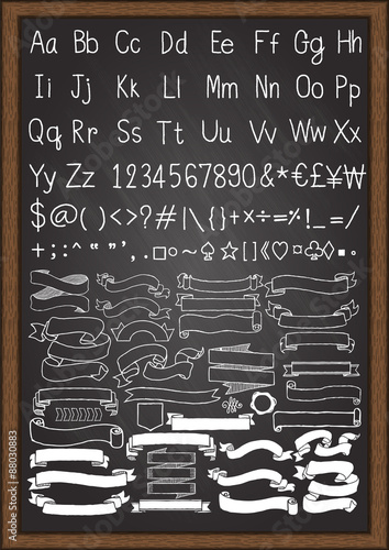 Hand drawn uppercase and lowercase fonts and others symbols on keyboard with hand drawn ribbons.