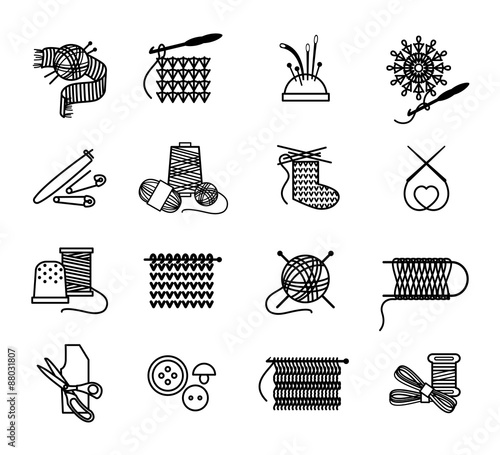 Hand drawn knitting, embroidering and sewing icons