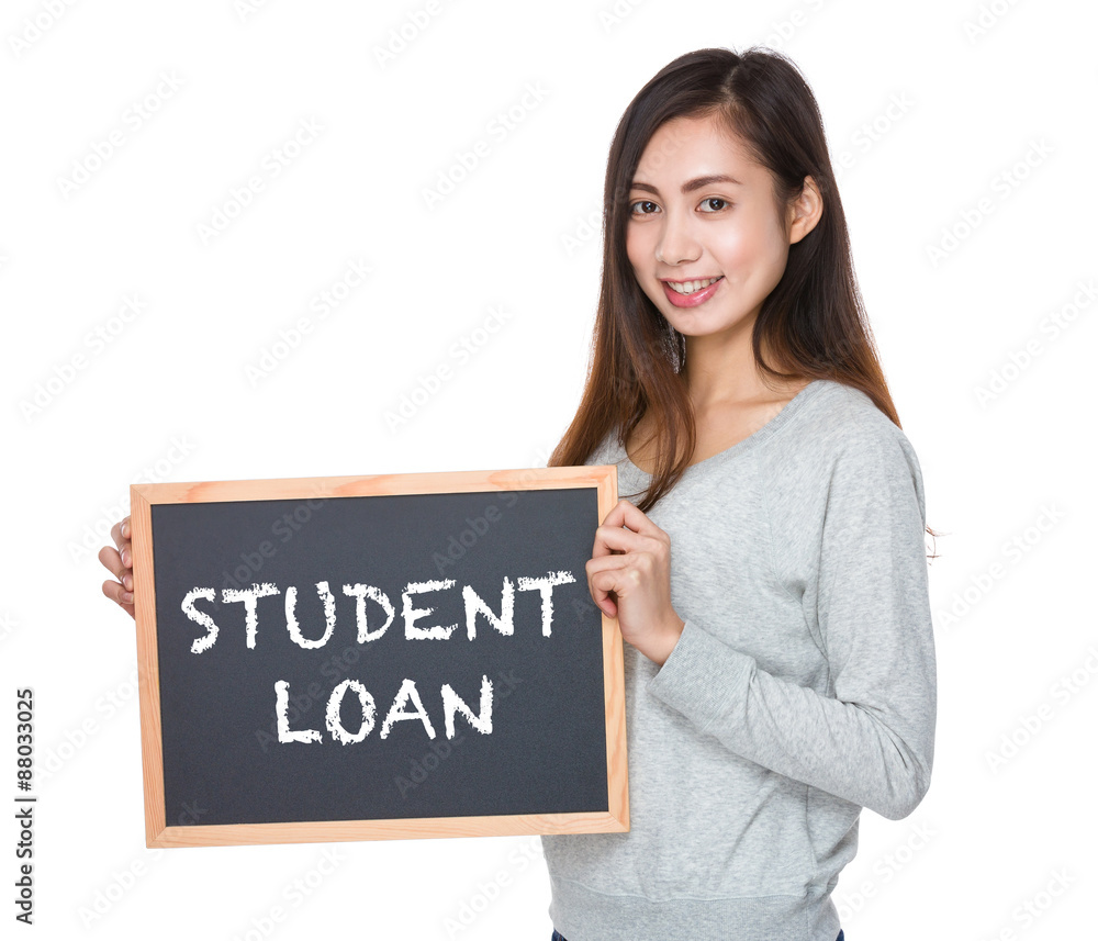 Pretty woman hold with blackboard and showing student loan Pretty woman hold with blackboard and showing student loan