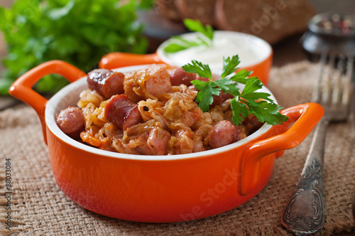 Polish bigos with smoked sausage and bacon