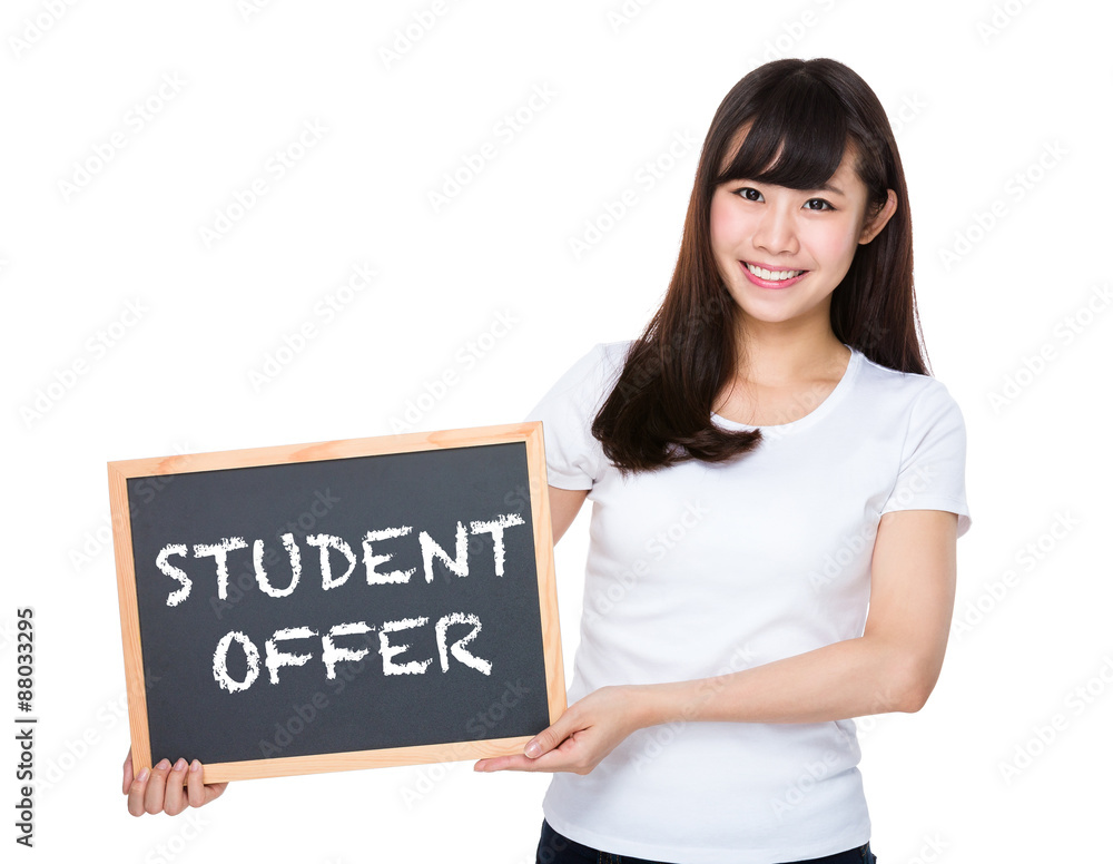 Woman hold with chalkboard showing student offer Woman hold with chalkboard showing student offer