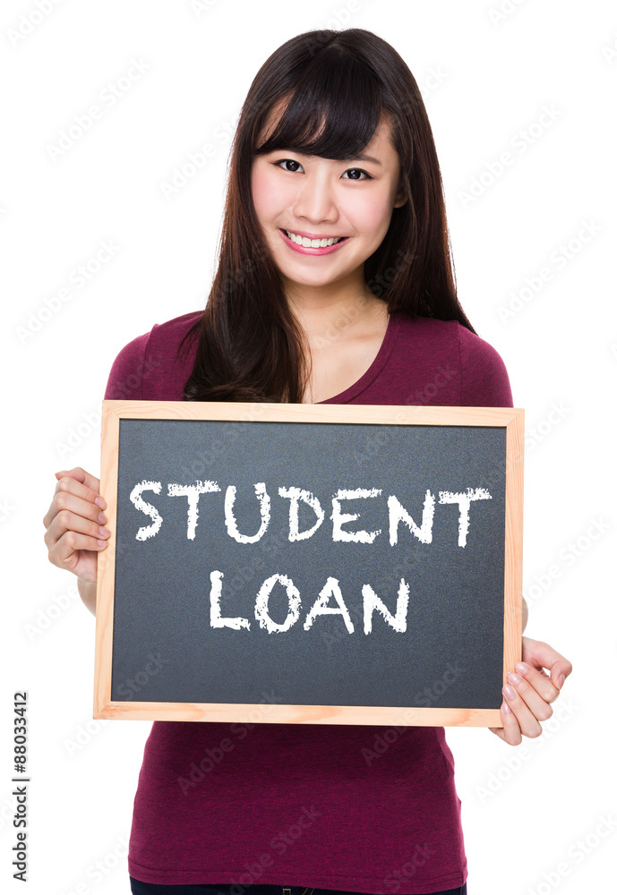 Woman with black board and showing student loan Woman with black board and showing student loan