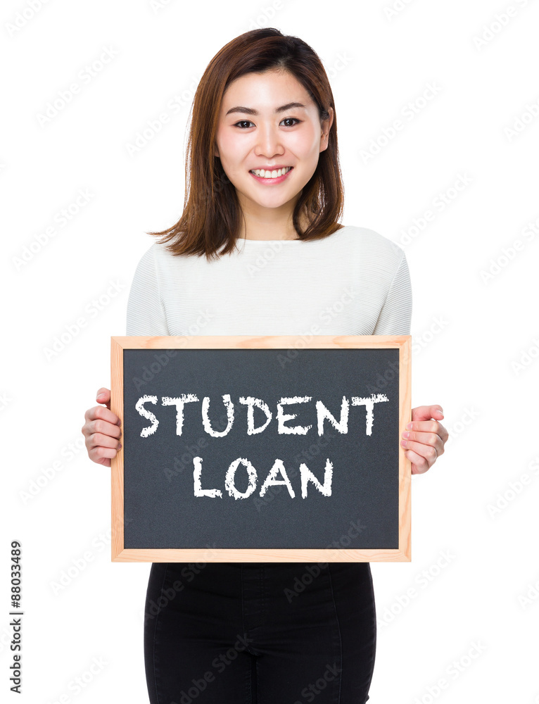 Young woman with the blackboard showing student loan Young woman with the blackboard showing student loan