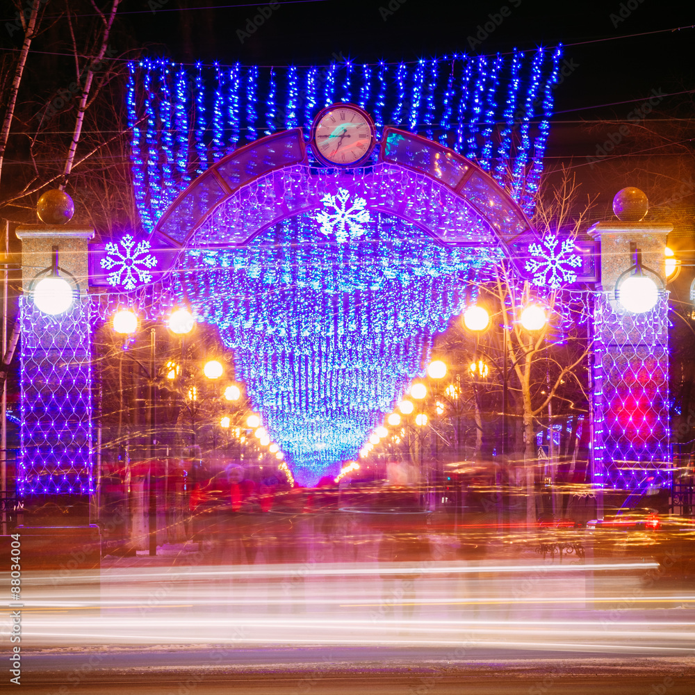 Festive Illumination On Street, New Year In Belarus.