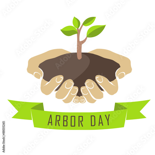 Vector illustration: Hands with tree seedlings. Arbor day.
