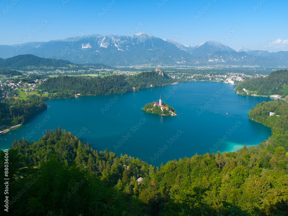 Bled Lake with island church and castle