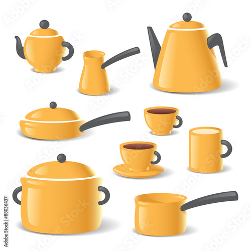 Yellow kitchen stuff tableware vector set