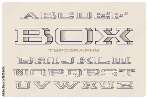 Geometric volume wide font with spray filled side. Outlines on light background