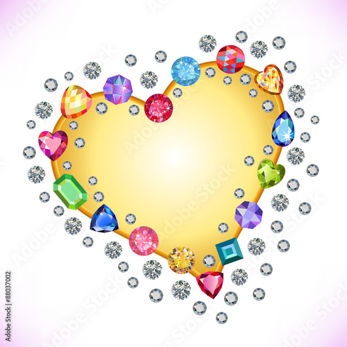 Colored gems heart shape frame isolated on light background
