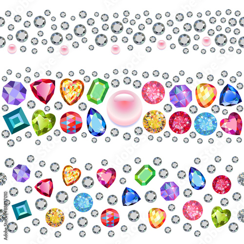 Seamless scattered gems, rhinestones isolated on white backgroun