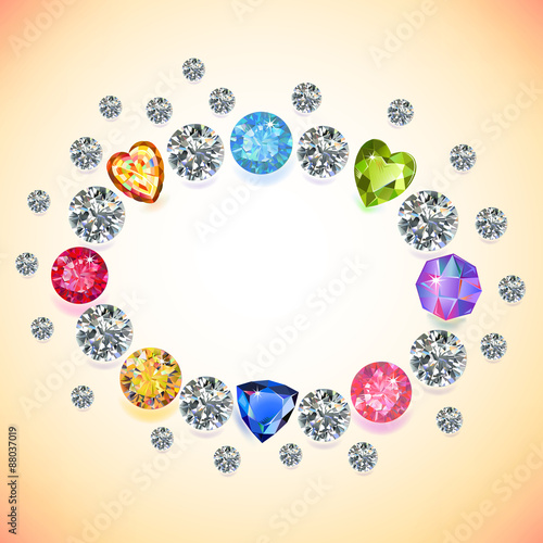 Colored gems oval frame isolated on light background