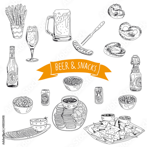 Hand drawn vector illustration. Beer and snacks set.