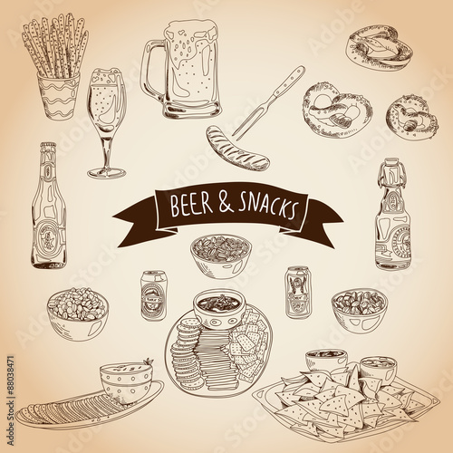 Hand drawn vector illustration. Beer and snacks set.
