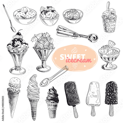 Hand drawn vector illustration set with ice Cream. Vintage.