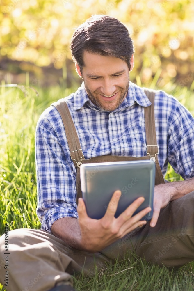 Smiling farmer using a digital tablet Smiling farmer using a digital tablet