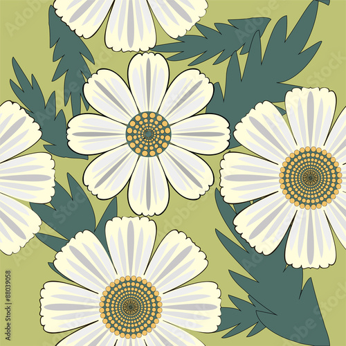 Seamless cute floral pattern with bright chamomiles
