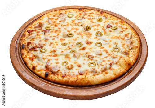 pizza on wooden plate