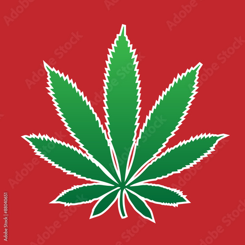 marijuana leaf with white stroke and red background