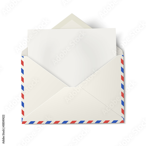 Opened air mail envelope with white paper inside isolated