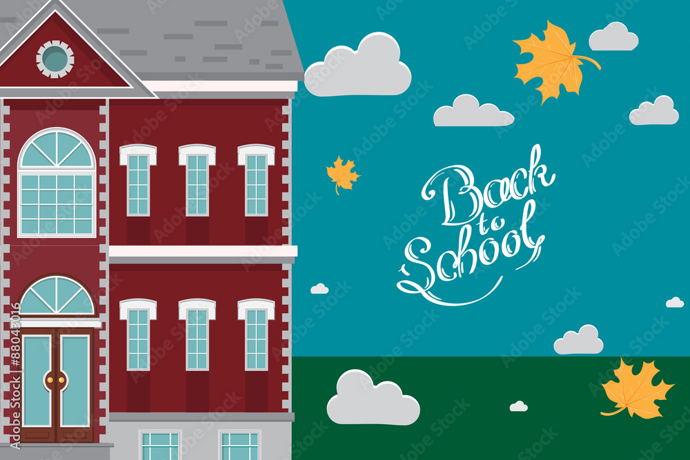 Hand drawn back to school lettering School building in front of