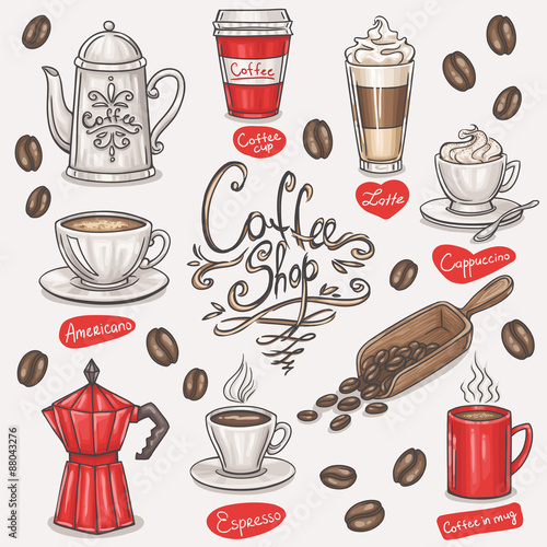 hand drawn coffee doodles set