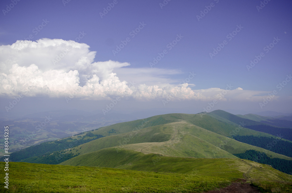 Beautiful green hills in a bright day. Travel background, Carpat