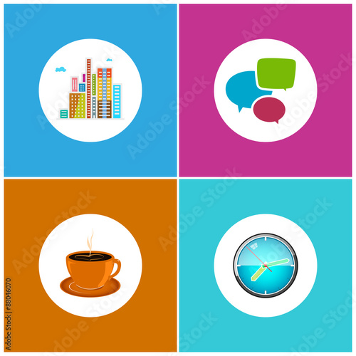 Set Icons  Office Work and Business Life, Modern Buildings, Business Center,  Speech Bubble , Cup of Tea or  Cup of Coffee, Wall Clock , Vector Illustration