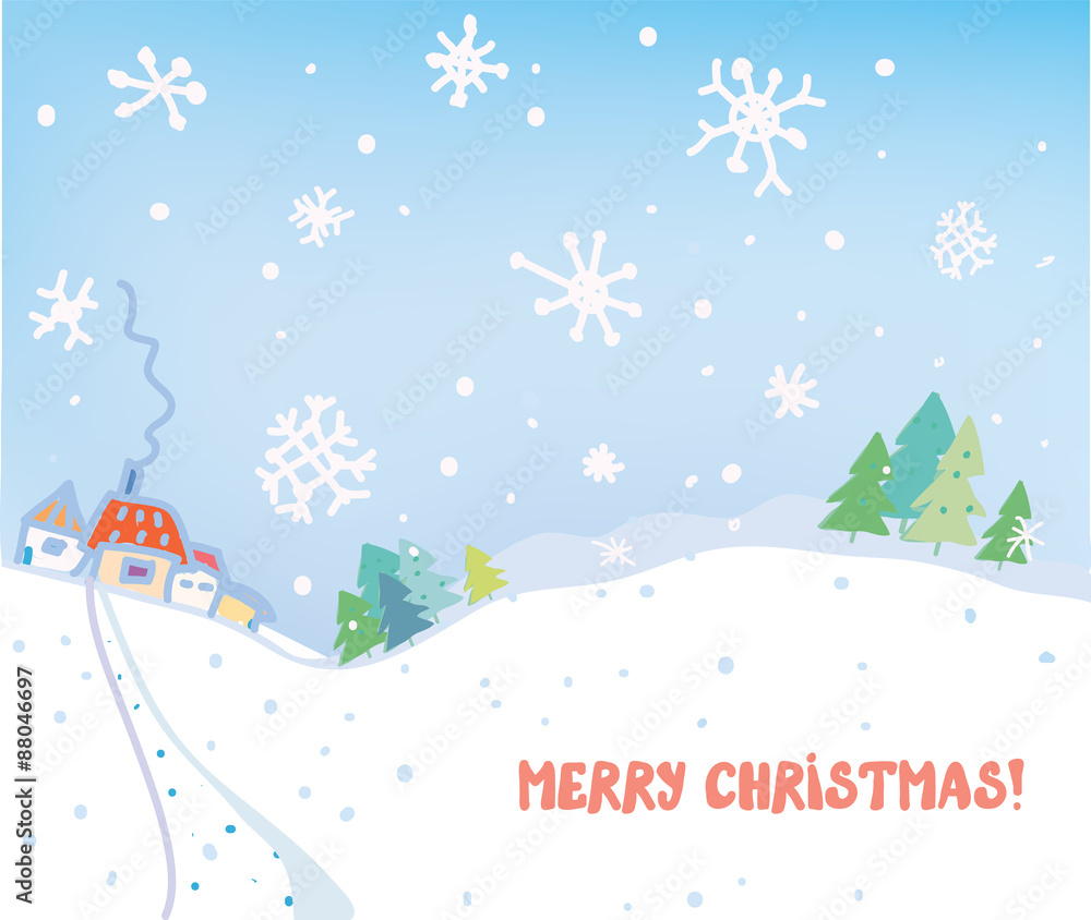 Christmas card with village, houses, forest and snow - cute illustration