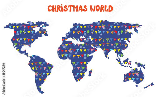 Christmas world map with decorations and snow illustration