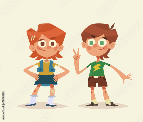 Cartoon kids isolated. Boy and girl. Vector illustration.