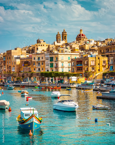 view on Birgu and the harbour with boats