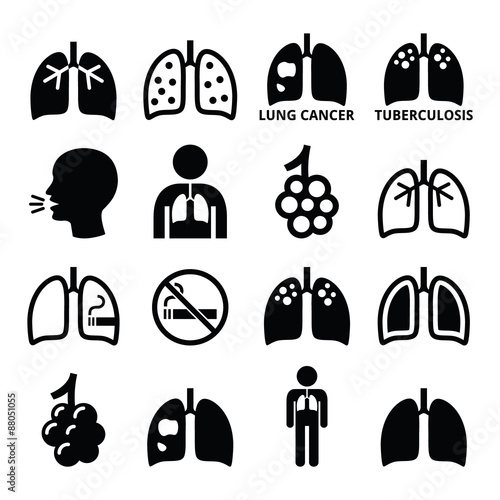 Lungs, lung disease icons set - tuberculosis, cancer
