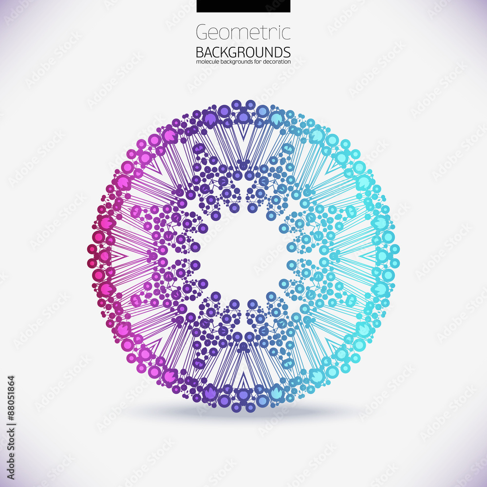 Abstract geometric lattice, the scope of molecules, the molecules in the circle. Round composition of the molecular lattice.Color picture composition for your design. Abstract geometric lattice, the scope of molecules, the molecules in the circle. Round composition of the molecular lattice.Color picture composition for your design.