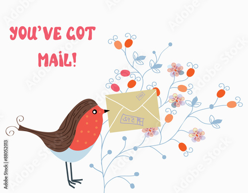 Funny card with bird and mail on flower pattern