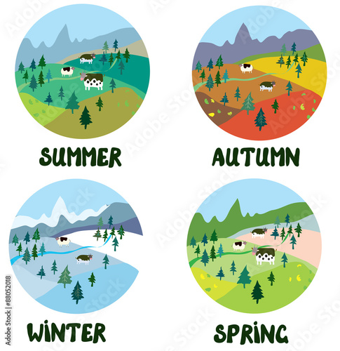Farm rural landscape in four seasons - round shape cards