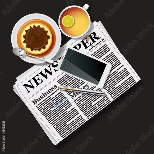 newspaper and mobile phone with tea and pudding