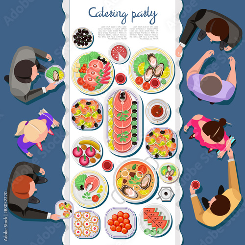 Catering party with people and a table of dishes from the menu, top view. Vector flat illustration.Catering business