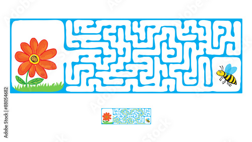 Vector Maze, Labyrinth with Flying Bee and flower