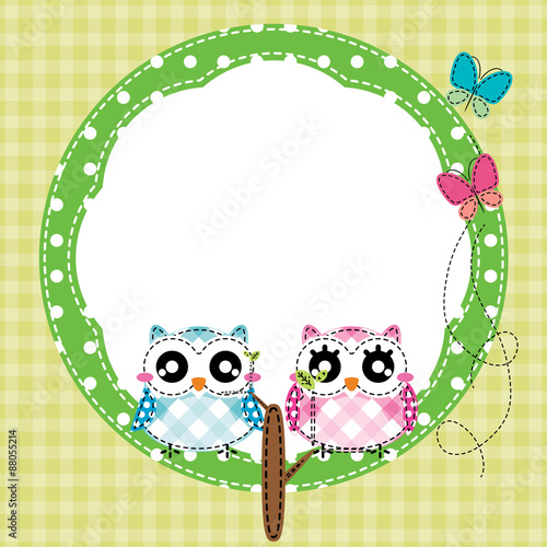 Frame of cute owls on branch