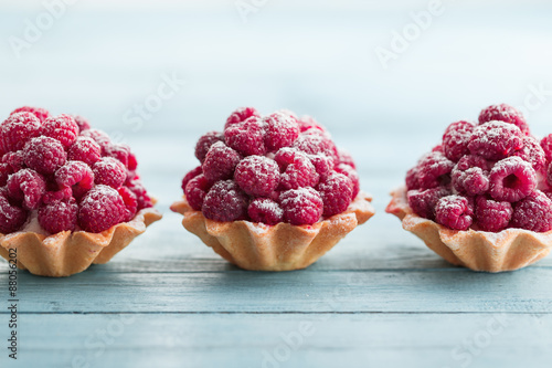 Canvastavla Raspberry tartlets with cream filling and dusted with icing sugar