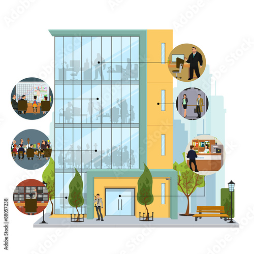 Business building facade. Office building exterior with an illustration of workers. Vector illustration in a flat style.